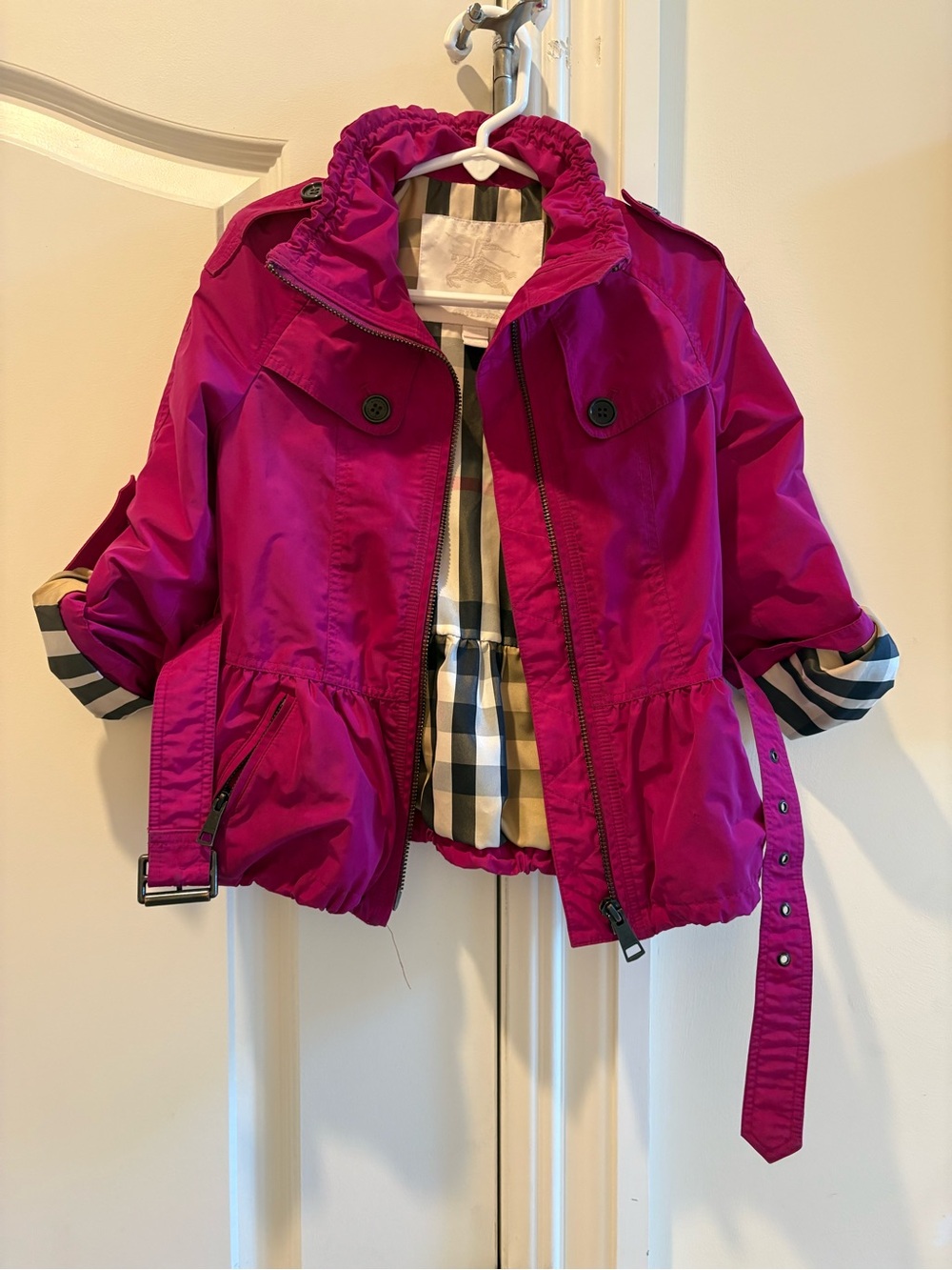 Burberry Bright Magenta Hooded Kids Raincoat with Belt